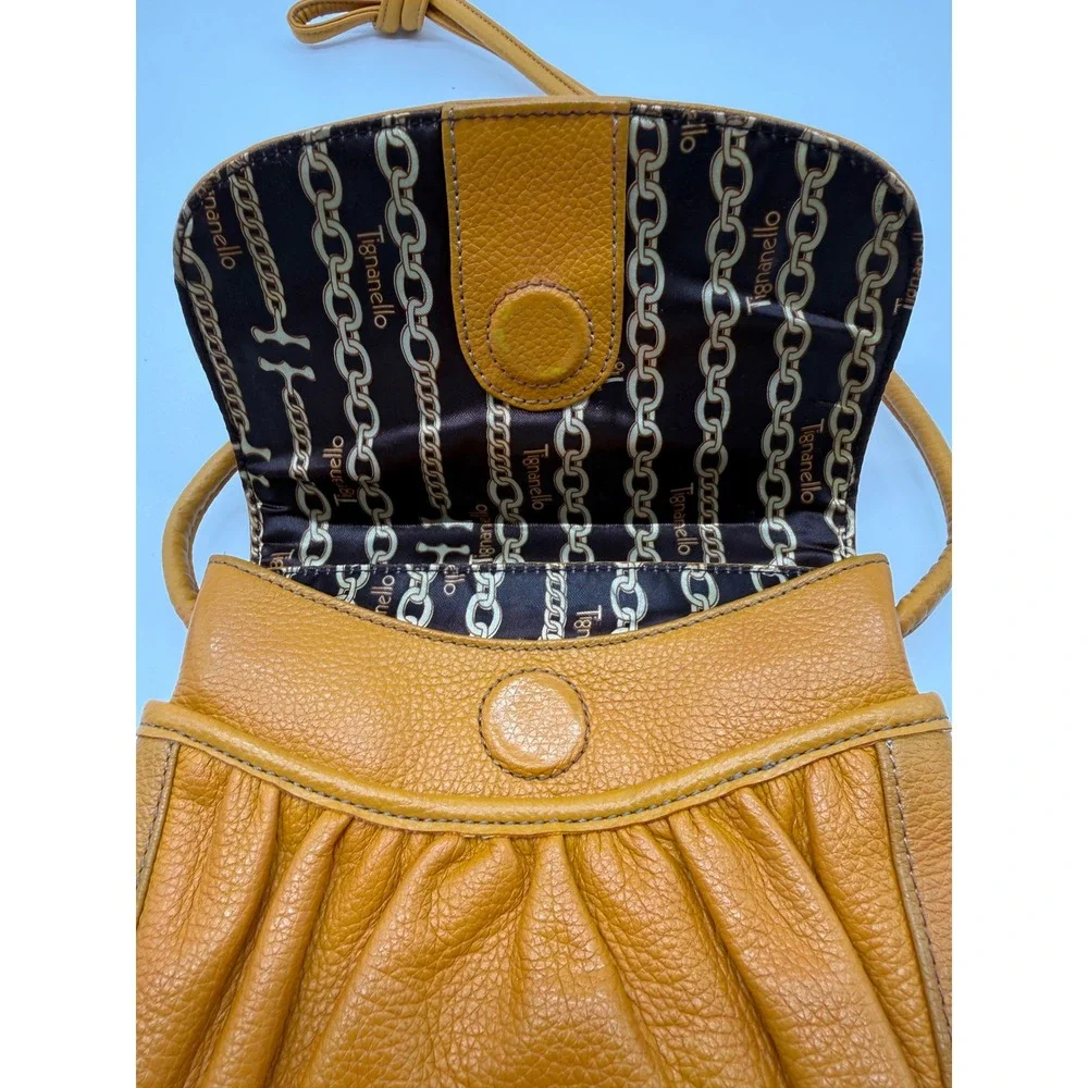 Tignanello Mustard Yellow Pebbled Leather Crossbody Bag Flap Messenger‎ Purse
